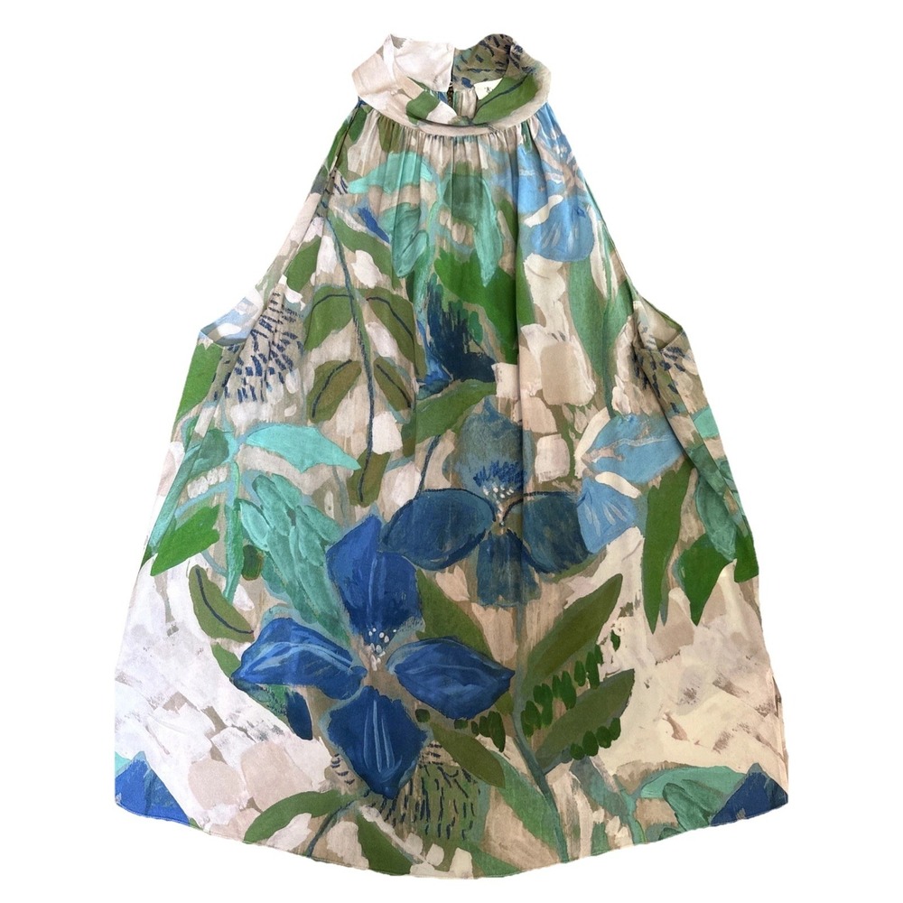 Lilysilk Halter Tank Top Mulberry Silk Sz 10 Blue Green Beige Floral